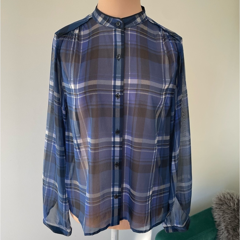 Rag & Bone Sheer Stretch Silk Long Sleeve Plaid Button Up Shirt EUC Size XS